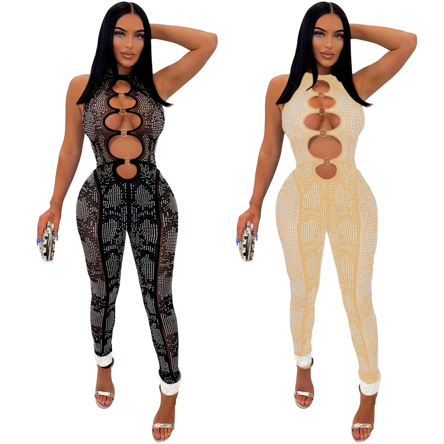 Dame Glamourøs Bodycon Jumpsuit med forførende cut-out-detaljer og glitrende accenter Stilla