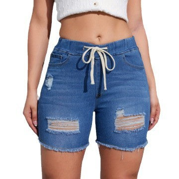 Dame afslappede denim shorts med fashionable rifter detaljer og justerbar talje Stilla