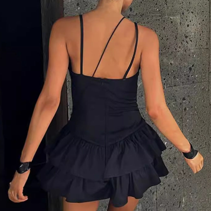 Dame elegant chiffon mini kjole med voluminøs flæse kant Stilla