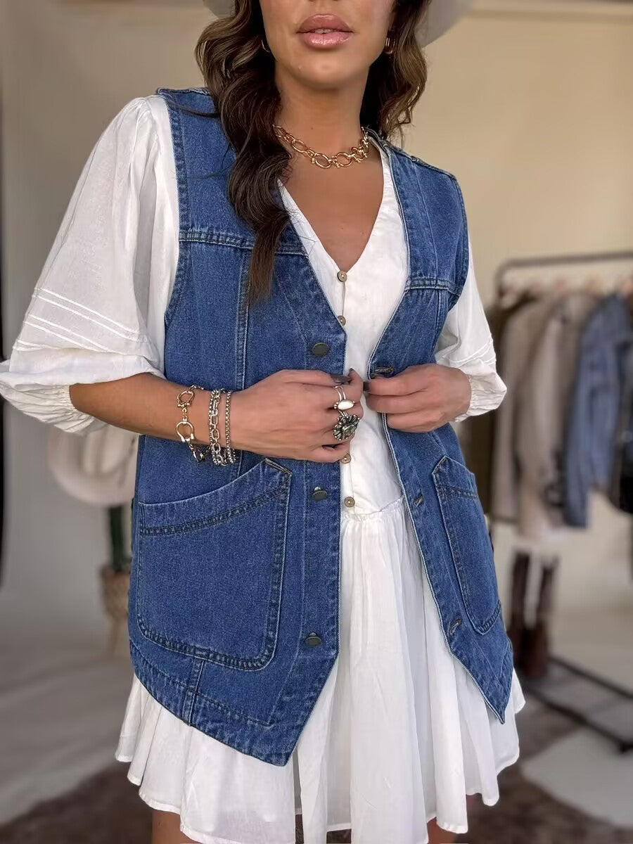 Dame Denim Vest med store lommer og knaplukning Stilla