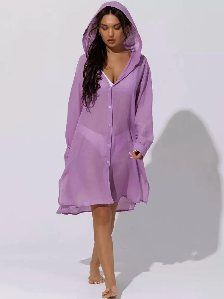 Dame afslappet strandtunika med hætte og knaplukning Stilla