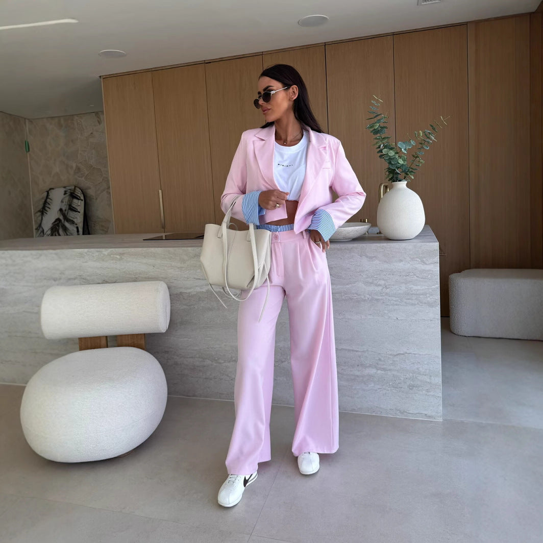 Dame cropped blazer og bred bukser sæt Stilla