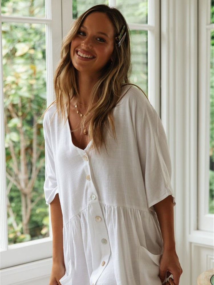 Dame afslappet kortærmet kjole med knapdetalje og lomme Stilla