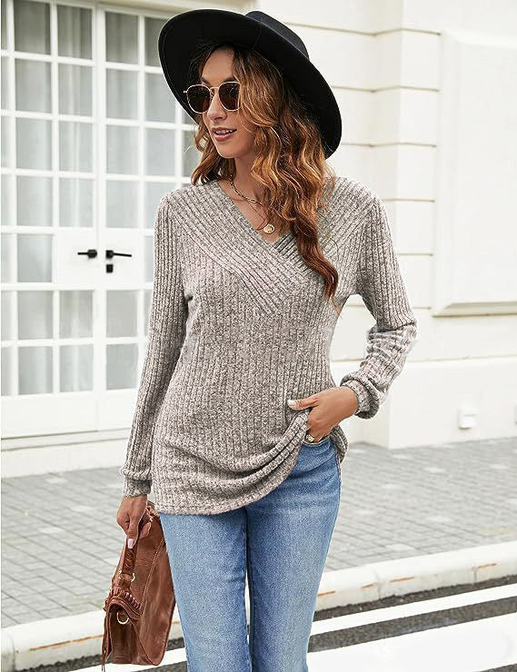 Dame pullover med struktureret ribdesign og V-hals Stilla