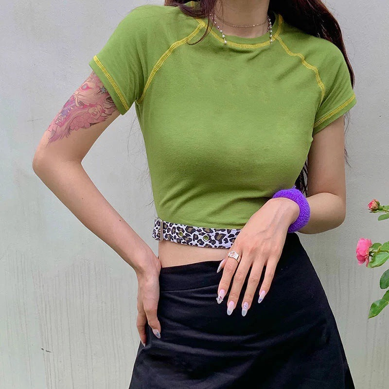 Dame cropped T-shirt med kontrasterende sømme Stilla