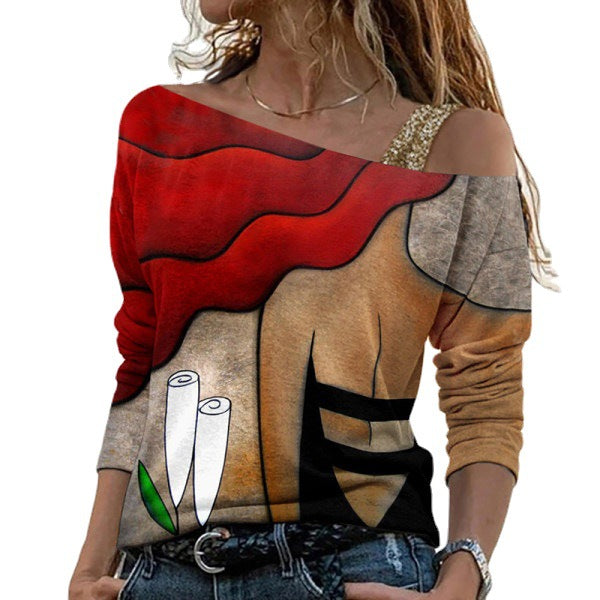 Dame afslappet Off-Shoulder top med kreativt tryk og bløde materialer Stilla