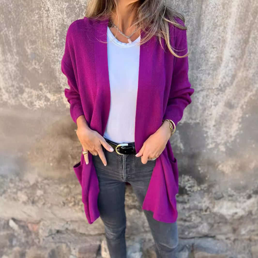 Dame åben front strikjakke med sidelommer Stilla