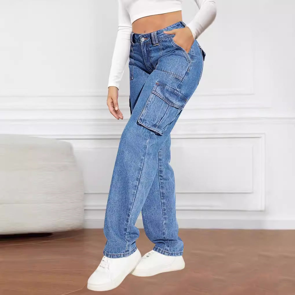 Dame Cargo Jeans med høje sidelommer og elastisk kant Stilla