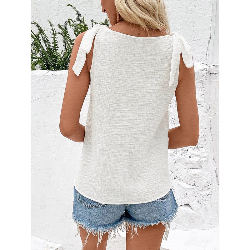 Dame afslappet kortærmet top med knapdetaljer og bindeskuldre Stilla