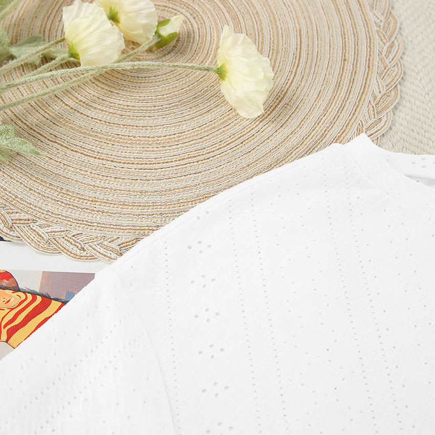 Dame afslappet kortærmet sæt med hulmønster og elastisk bånd Stilla