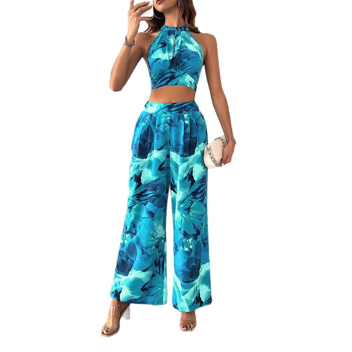 Dame Crop-top og løst skåret bukse sæt med blomstret design og høj halsudskæring Stilla