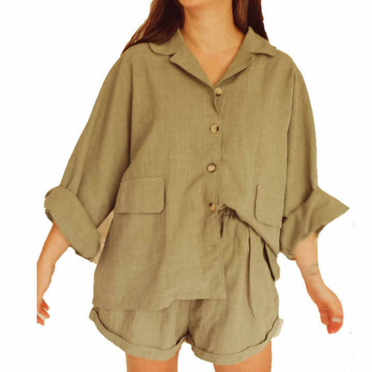 Dame afslappet kortærmet sæt med praktiske lommer og/modische knapdetaljer Stilla