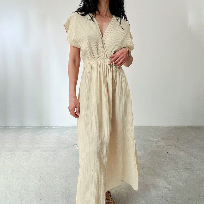 Dame afslappet omslagskjole med elastisk talje og fashionable V-udskæring Stilla