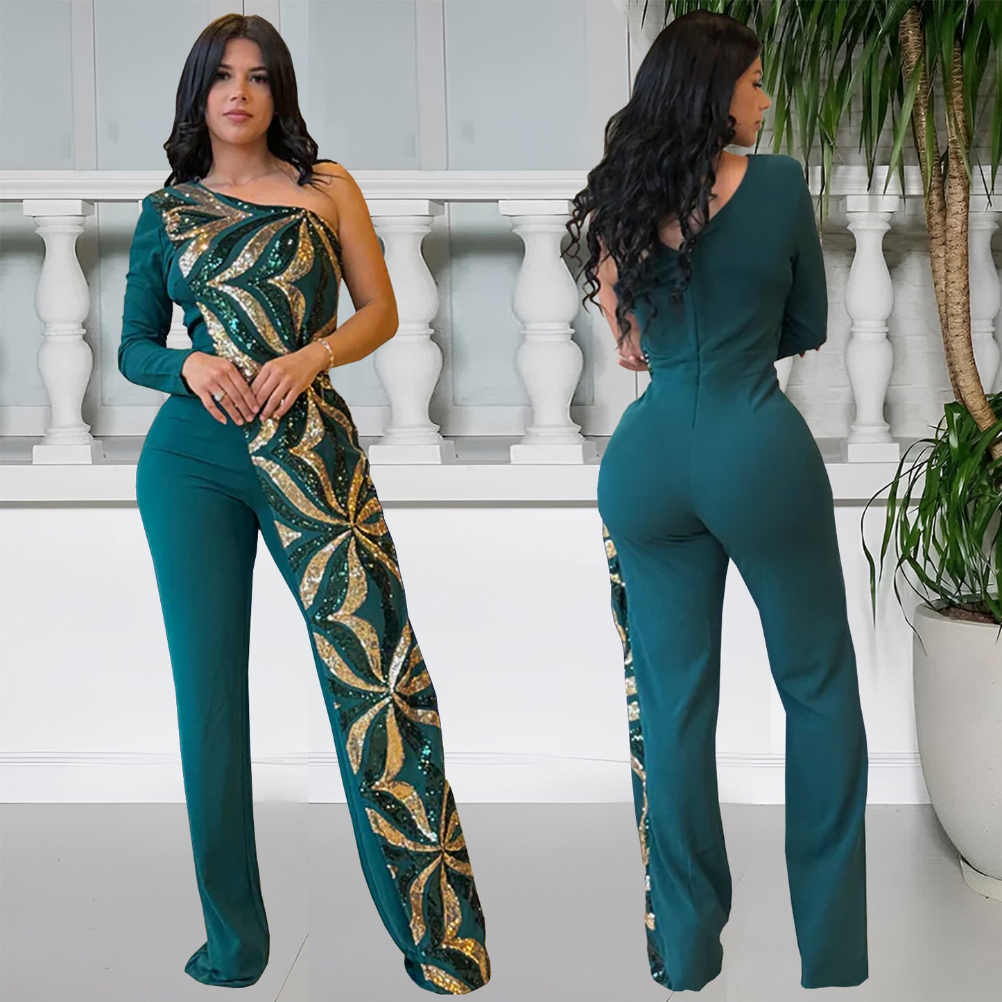 Dame Elegant Jumpsuit med asymmetrisk snit og glitrende applikationer Stilla