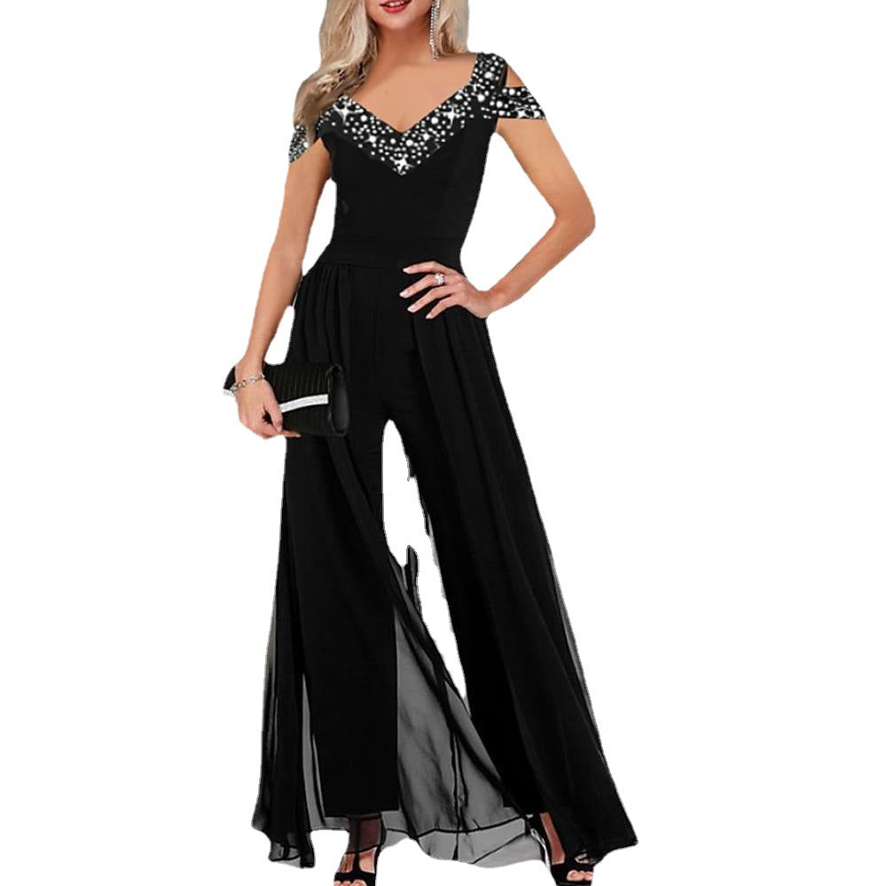 Dame Elegant Chiffon Jumpsuit med Paillet-Overdel Stilla