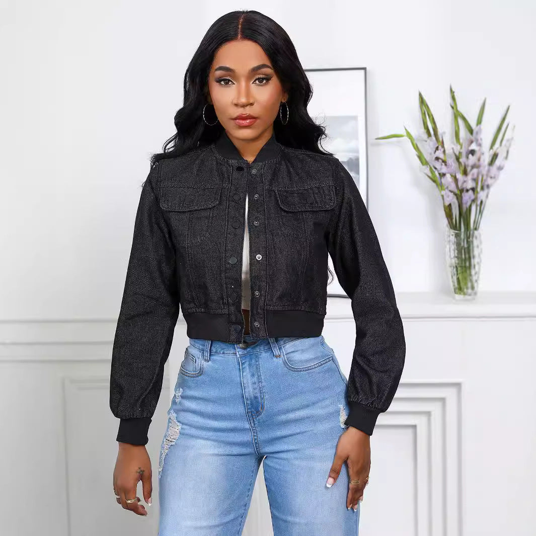 Dame cropped Denim-jakke med praktiske lommer og elastiske manchetter Stilla