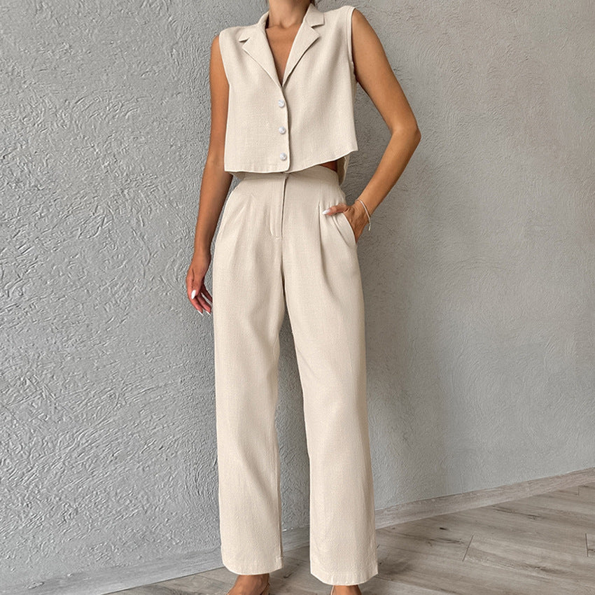 Dame crop-top og vidde bukser med knapdetaljer Stilla