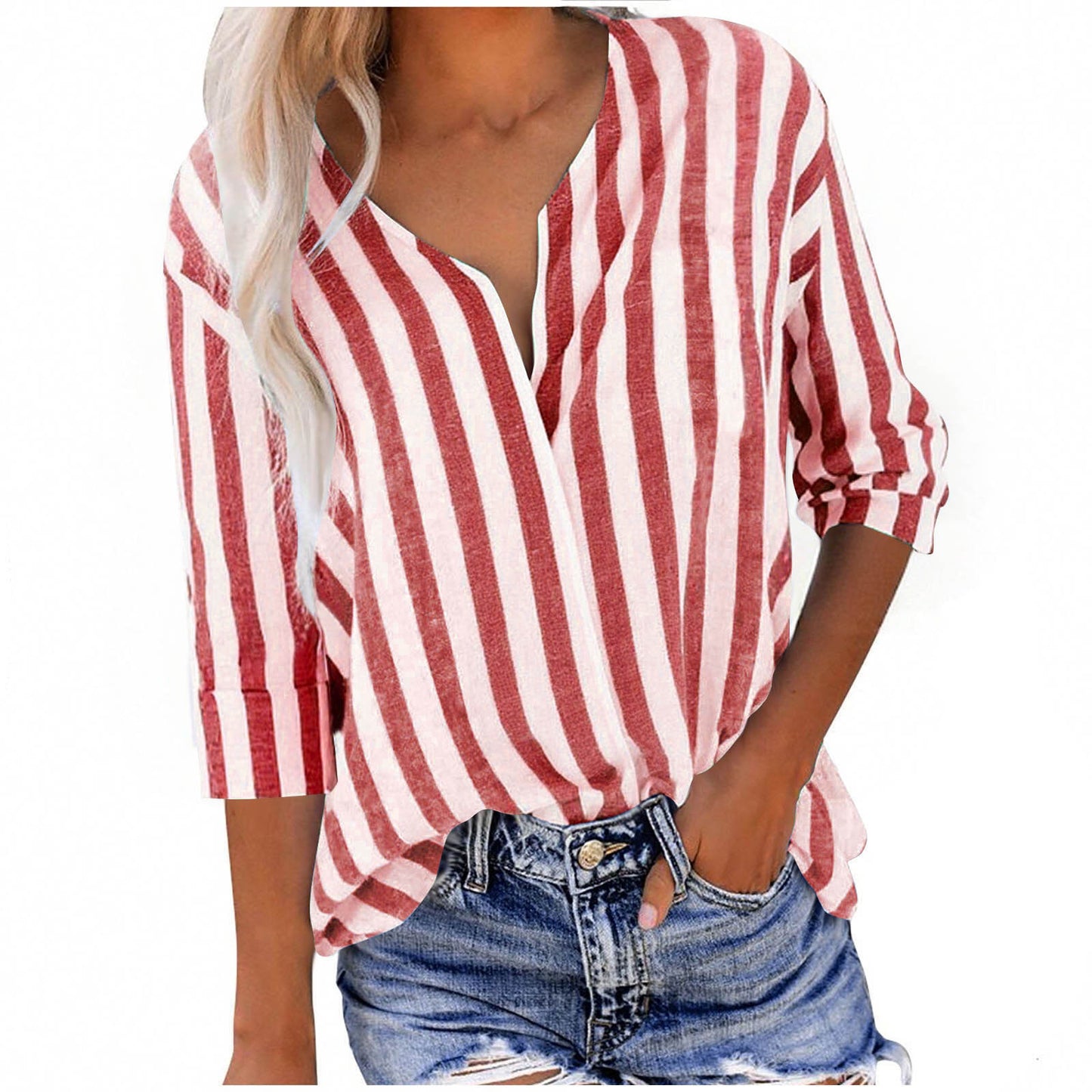 Dame afslappet linnedbluse med stribemønster og 3/4-ærmer Stilla