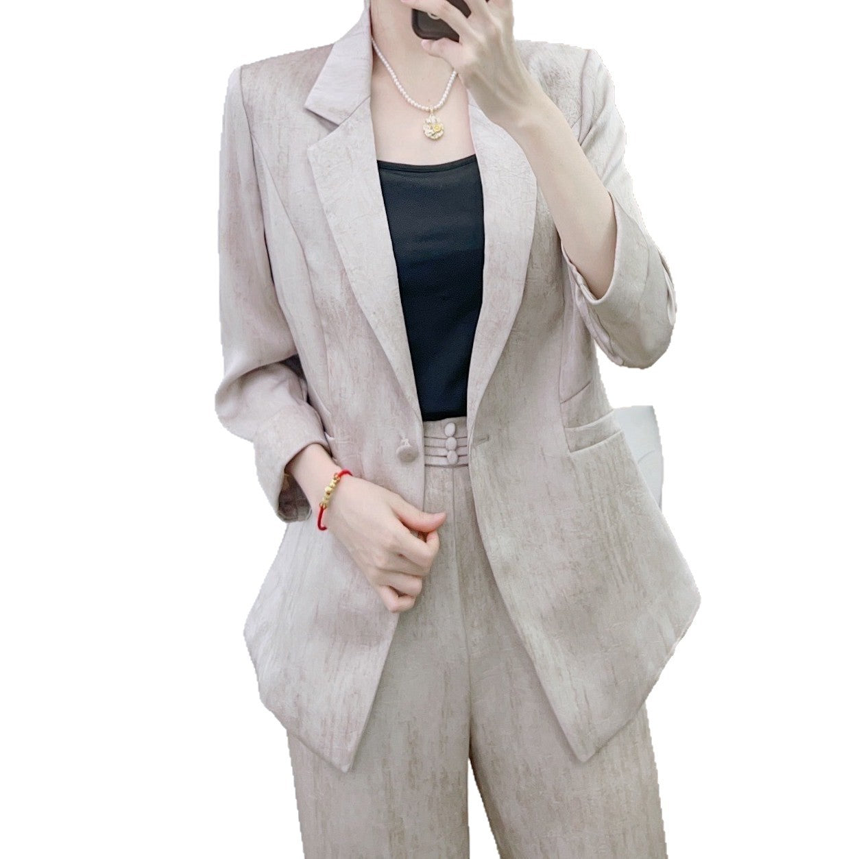 Dame elegant blazer-bukser-sæt med skinnende finish og figursyet silhuet Stilla