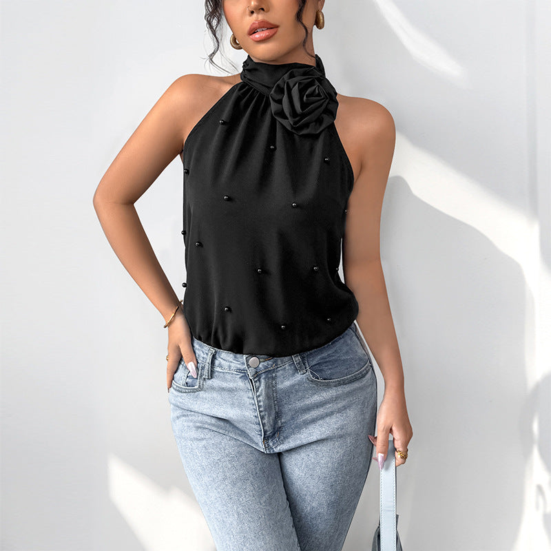 Dame Elegant Halterneck top med blomstrede accenter Stilla