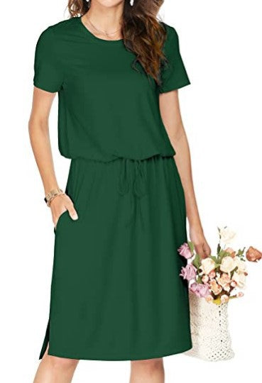 Dame afslappet midi-kjole med elastisk talje bånd og praktiske lommer Stilla