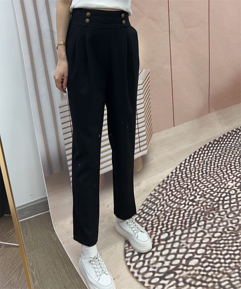 Dame elegant højtaljede bukser med dekorative knapdetaljer Stilla