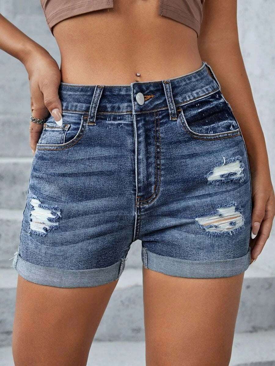 Dame jeans shorts med høj talje og afslappet destroyed-effekt Stilla