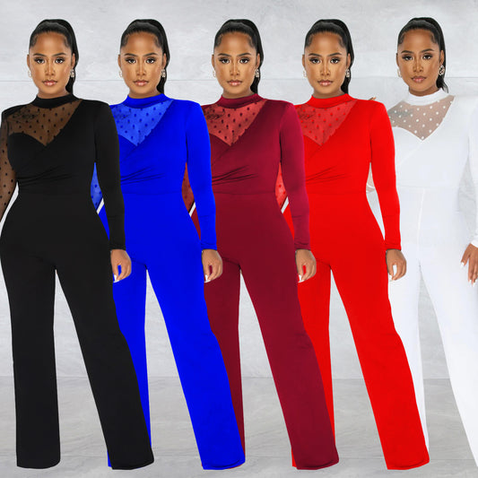 Dame Elegant Jumpsuit med transparente ærmer og stilfuld indpakningsdesign Stilla