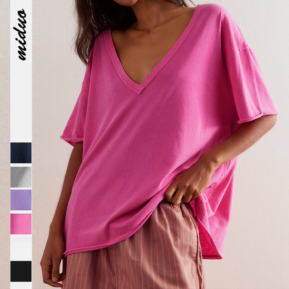 Dame afslappet oversized T-shirt med dyb V-udskæring og fine spidse accenter Stilla