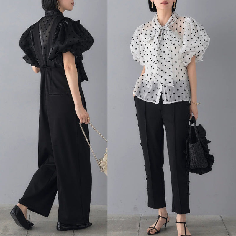 Dame elegant bluse med prikker og puffærmer Stilla