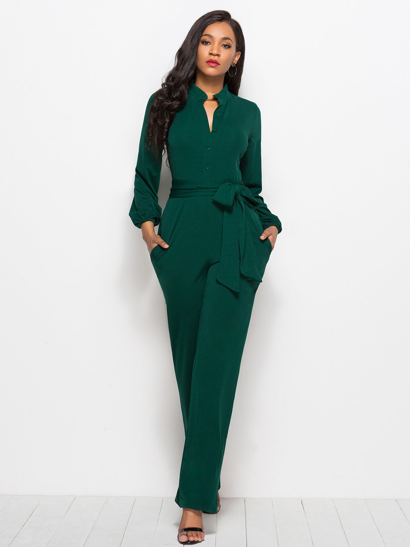 Damer Elegant Langærmet Jumpsuit med Talje bånd og Knapdetaljer Stilla