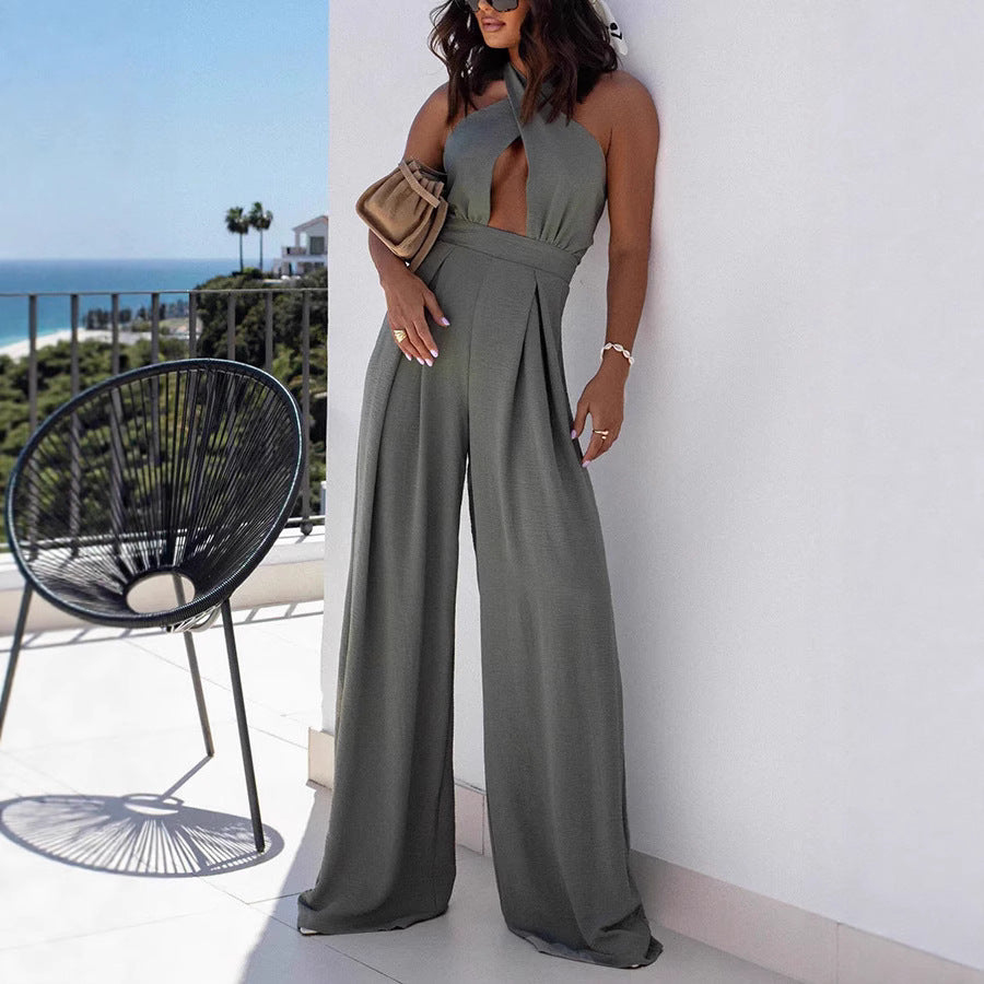Dame Elegant Jumpsuit med dyb V-hals og bredt ben Stilla