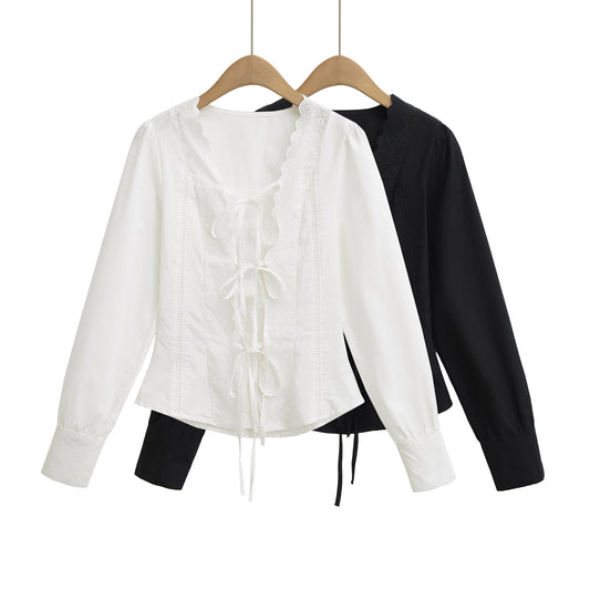 Damer Elegant Bluser T-shirt med Rysjer og dekorativ Snøring Stilla