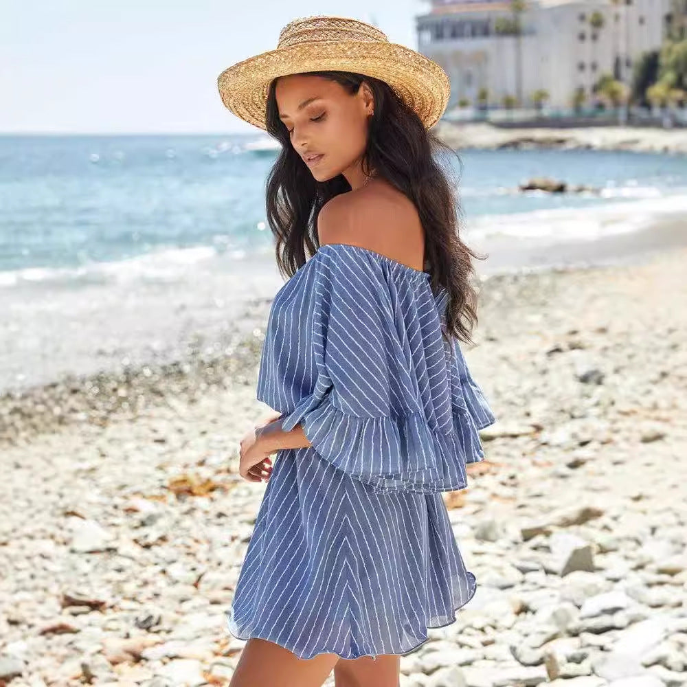 Dame Offshoulder jumpsuit med flæsedetaljer og elastisk talje Stilla