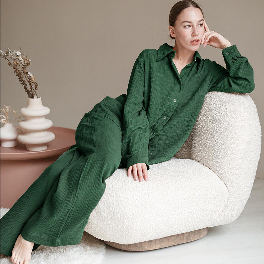 Dame afslappet pyjamas sæt med struktureret overdel og bredt ben Stilla