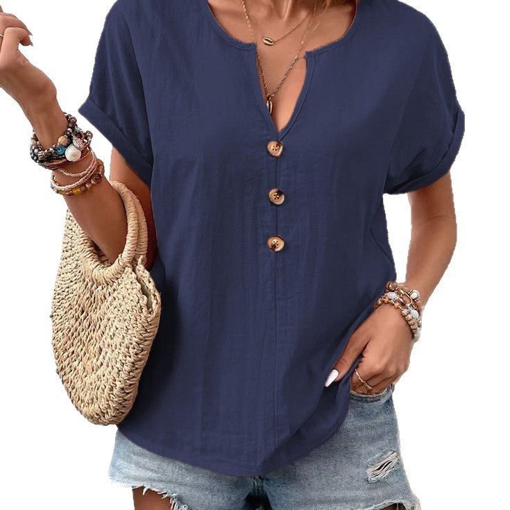 Dame afslappet kortærmet bluse top med knaplukning og V-hals Stilla