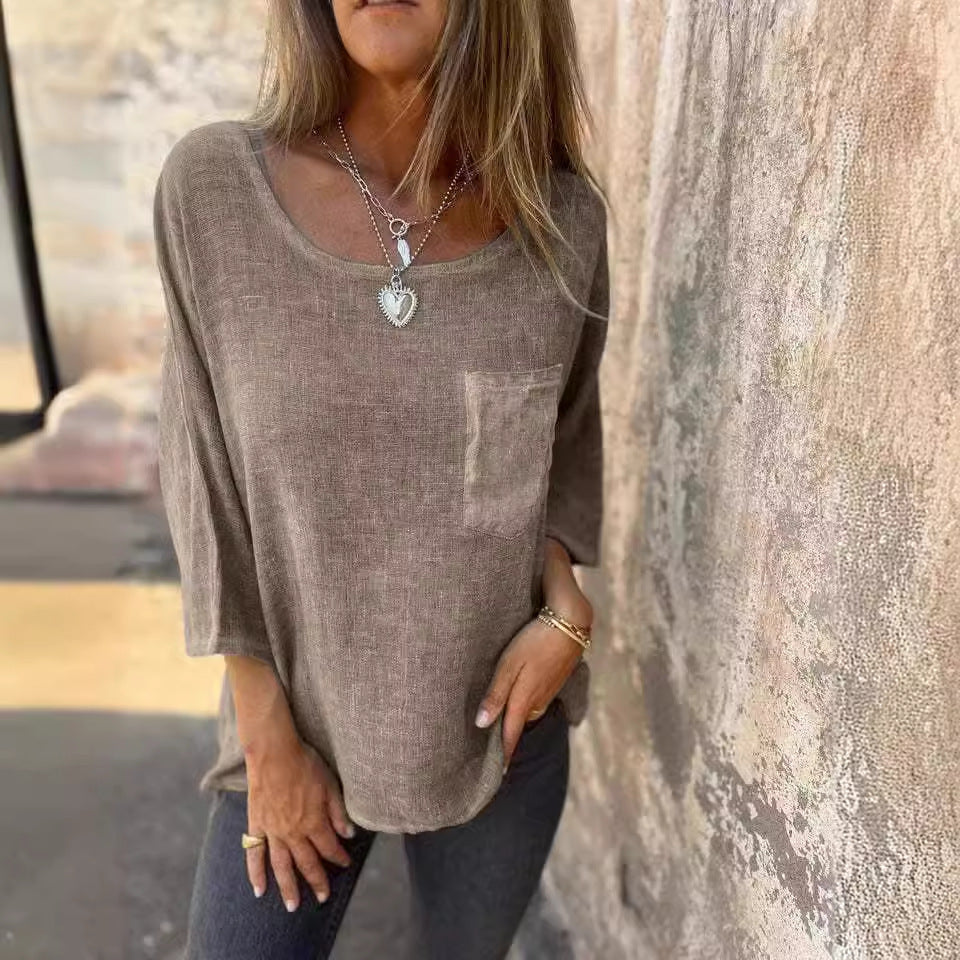 Dame afslappet linned skjorte med praktisk brystlomme og bred pasform Stilla