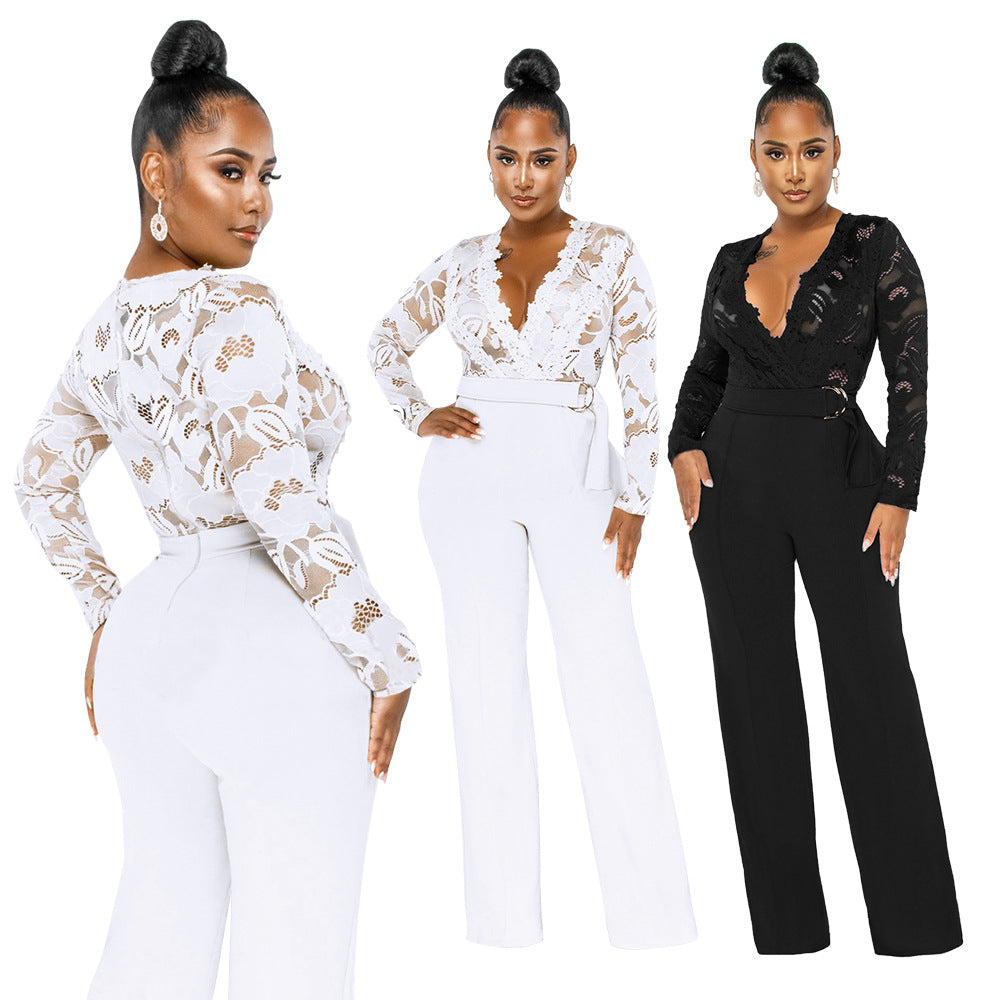 Dame Elegant Jumpsuit med dyb V-udskæring og blonde Stilla