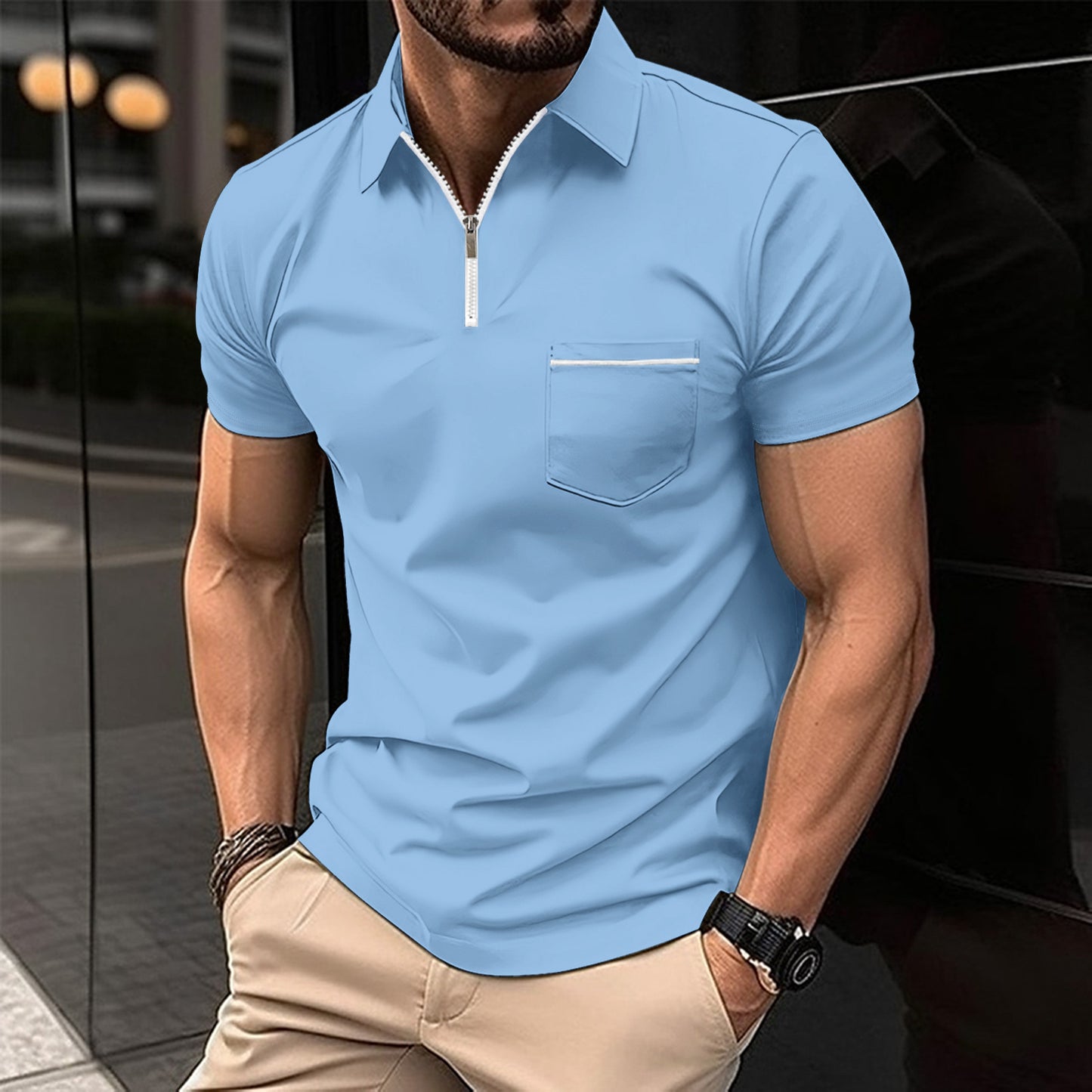 Herrer polo shirt med moderne kort lynlås og brystlomme Stilla