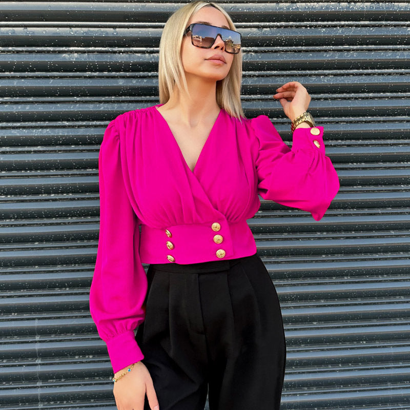 Dame Elegant Bluse med Puffærmer og Knapdetaljer Stilla