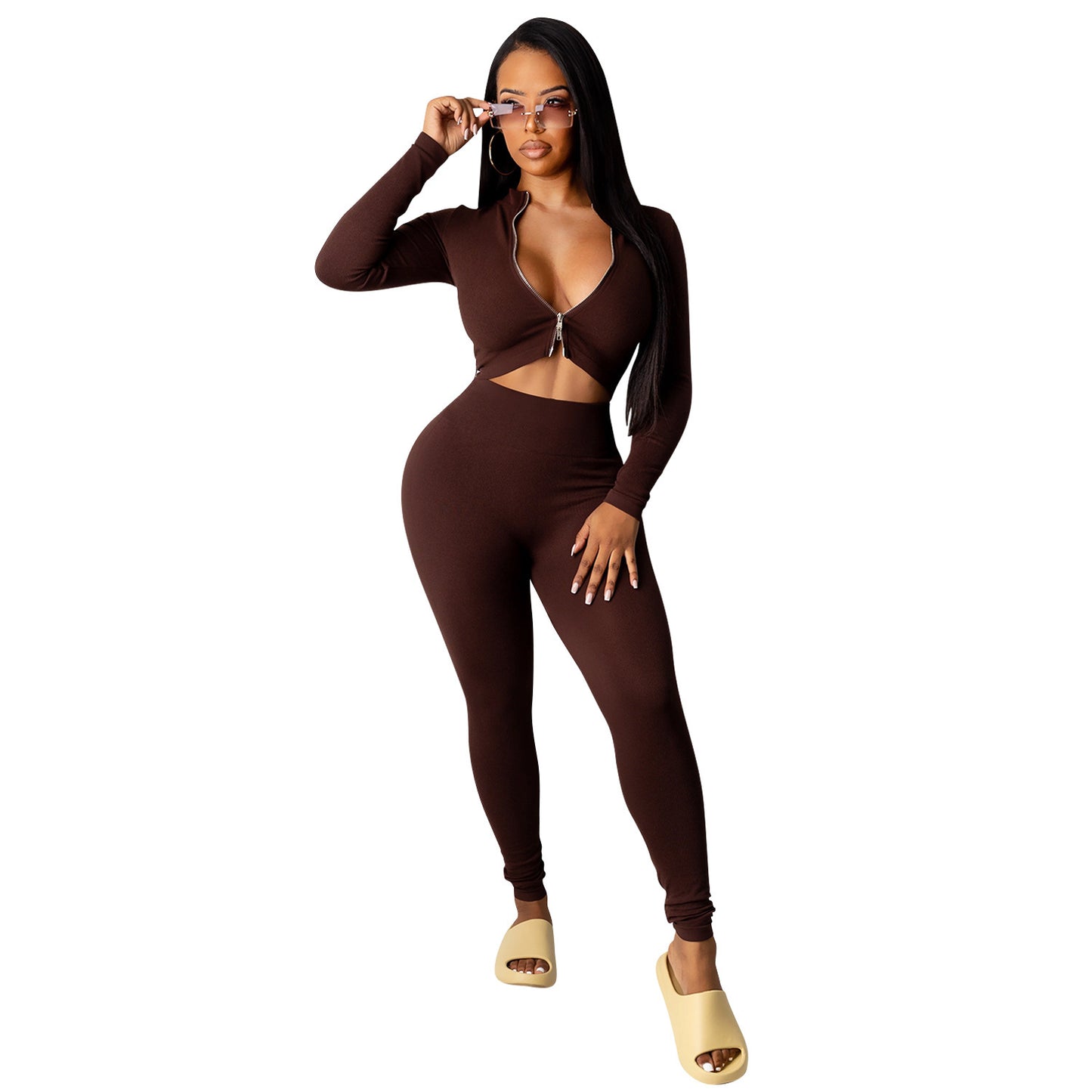 Dame Crop-Top og High-Waist Leggings Sæt med Lynlås Stilla