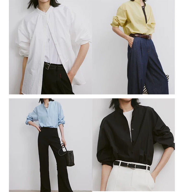 Dame afslappet bluse med stående krave og kvalitets knapdetaljer Stilla