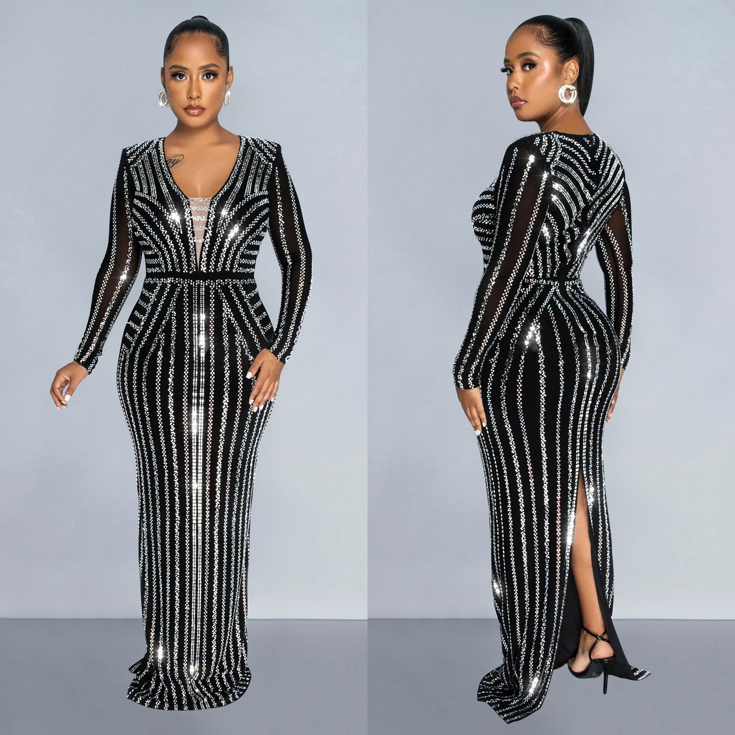 Dame Eksklusiv Aftenkjole med glitrende Pailletter og dyb V-udskæring Stilla