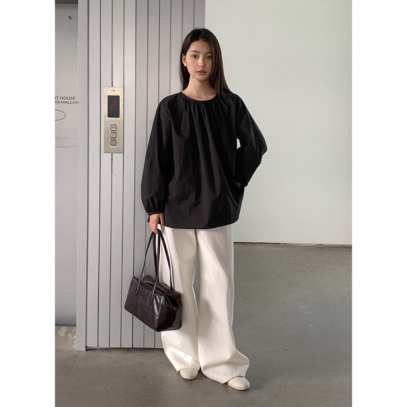 Dame afslappet langærmet overdel med dekorativt bælte og løs pasform Stilla