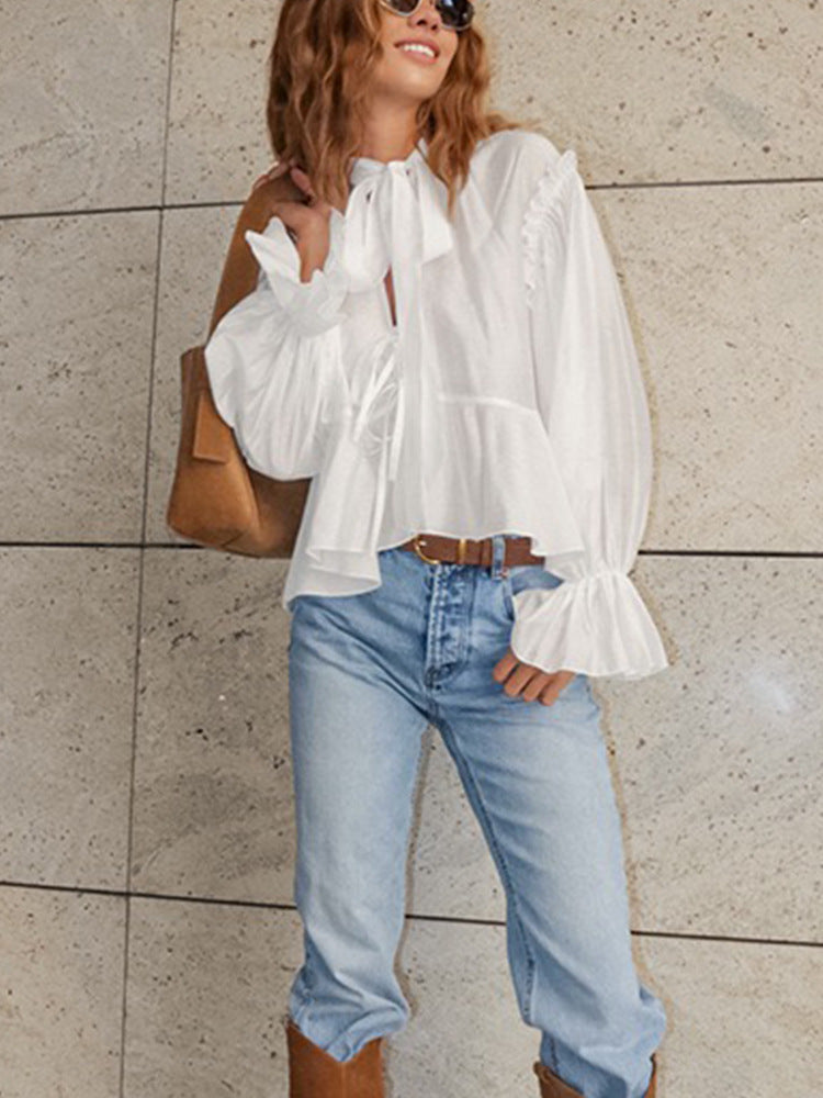 Dame afslappet bluse med smart bindebånd og rynkedetaljer Stilla