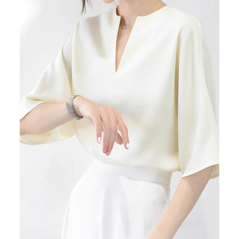 Dame elegant bluse skjorte med V-hals og flydende stof Stilla