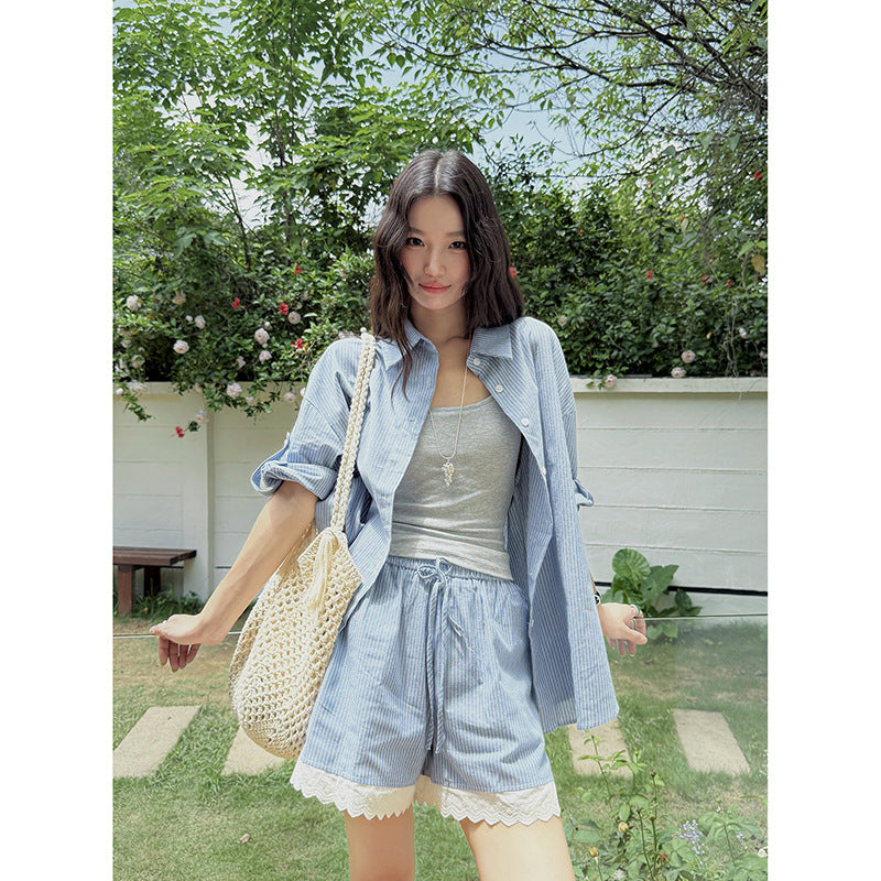 Dame afslappet kortærmet skjorte og shorts sæt med spidse accenter Stilla