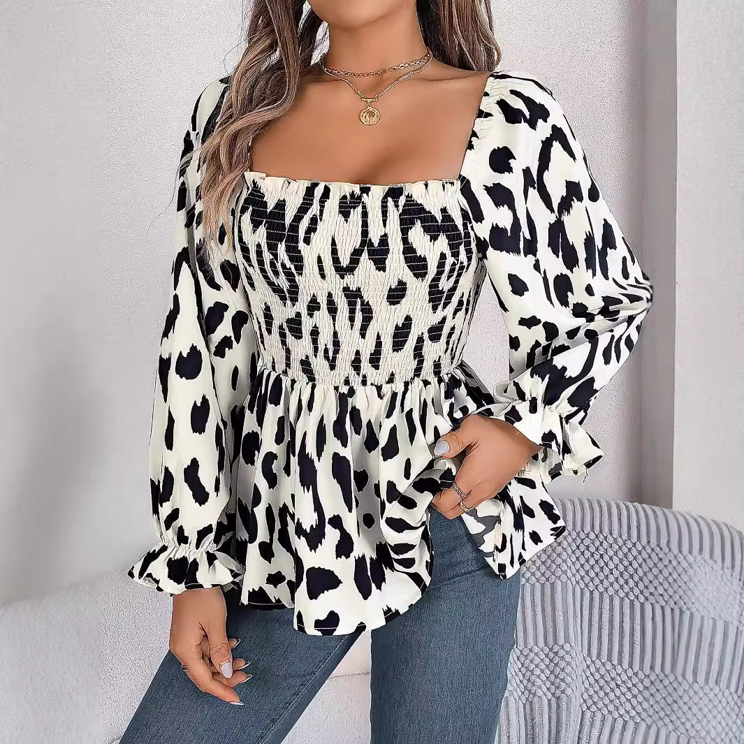 Dame Elegant Bluse med dyreprint og elastisk talje Stilla