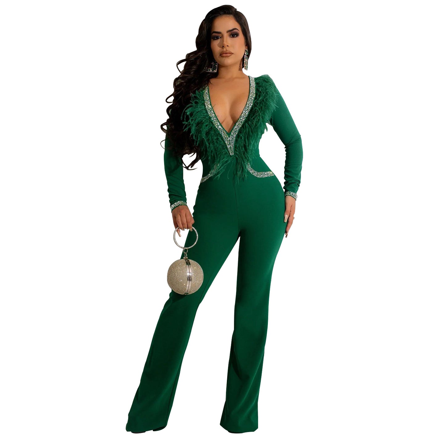 Damer Elegant og tætsiddende jumpsuit med dyb V-udskæring og raffinerede fjerdetaljer Stilla