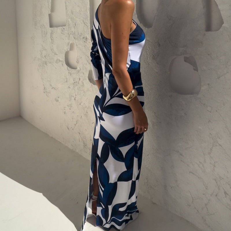 Dame elegant asymmetrisk Maxi-kjole med blomstermotiv og puffærmer Stilla